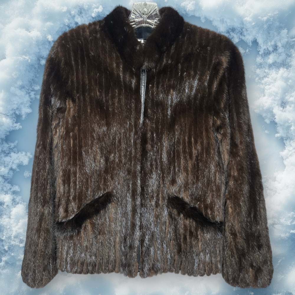 Saga Mink Corded Fur Jacket Rich Brown Full Zip Velvet Pockets Size Small Vintag